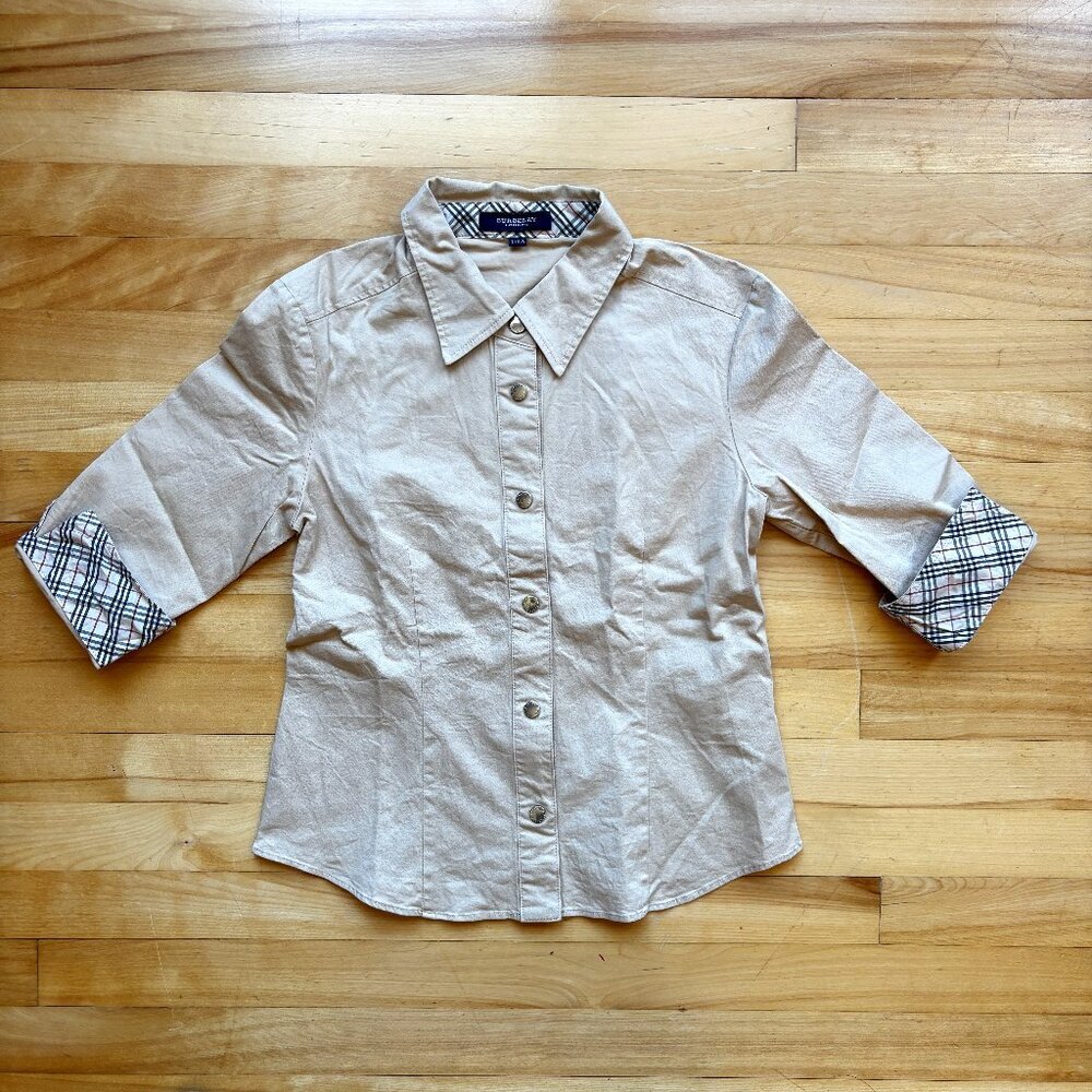 Burberry London Girls Beige Plaid Cuff Button-Up Shirt Size 150A (US 12-13Y)